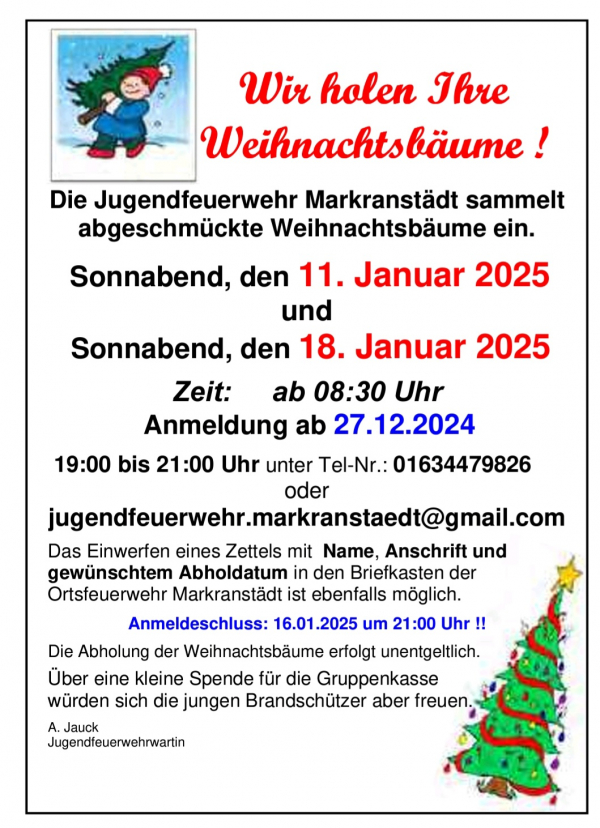 Die Jugendfeuerwehr Markranst&auml;dt holt Ihre Weihnachtsb&auml;ume